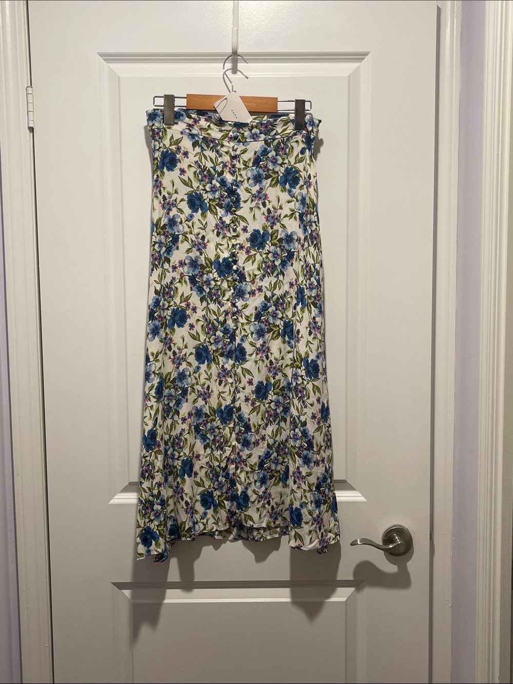 Zara Cream Maxi Skirt with Blue Floral Print